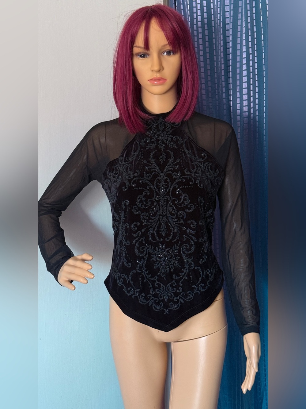 Black Velvet Mesh Beaded High Neck Top Pointed Hem Size M Made in USA